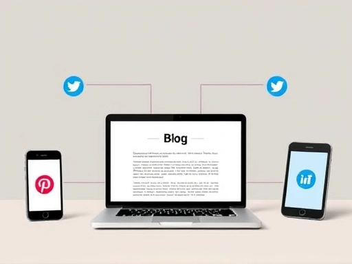 작은 노트북 화면에 열린 블로그 페이지와 그 주위에 스마트폰, 태블릿이 놓여 있고, 각 기기 화면에는 서로 다른 소셜 미디어 플랫폼의 로고가 보인다.
