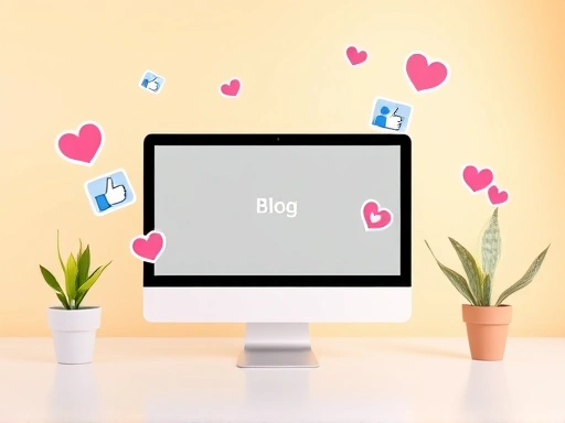 블로그 화면에 댓글과 좋아요, 공유 아이콘들이 떠다니며 사용자들의 활발한 참여를 시각적으로 보여주는 역동적인 장면