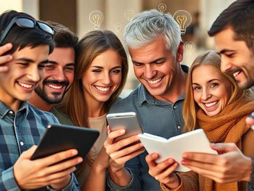 다양한 연령대의 사람들이 스마트폰과 태블릿을 들고 자신의 경험을 공유하는 듯한 클로즈업 샷.
