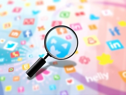 다채로운 소셜 미디어 로고들이 조화롭게 어우러진 추상적인 배경 위에 돋보기 아이콘이 놓여 트렌드 분석을 상징합니다.