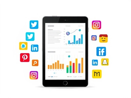 다양한 소셜 미디어 앱 아이콘이 스마트폰 화면을 둘러싸고 있으며, 중앙에는 그래프와 분석 차트가 표시된 태블릿이 놓여있습니다.