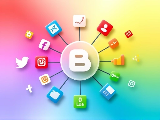 다채로운 소셜 미디어 아이콘들이 블로그 글을 의미하는 심벌 주위로 퍼져나가는 모습