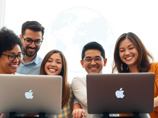 아마존 로고와 함께 다양한 국적의 사람들이 노트북을 보며 웃고 있는 모습