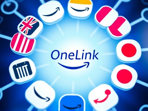 다양한 국가의 아마존 스토어 아이콘(미국, 영국, 일본 등)이 모여 하나의 원형을 이루고, 그 중심에 'OneLink' 아이콘이 빛나고 있는 클로즈업 샷.