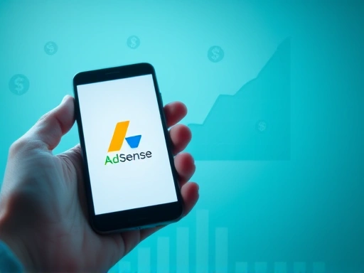 손에 들린 스마트폰에 구글 애드센스 로고가 선명하게 보이고, 뒷배경에는 점차 상승하는 듯한 수익 그래프가 어슴푸레하게 나타나있다.