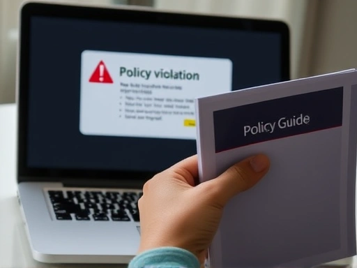 정책 위반 경고 문구가 표시된 노트북 화면과, 그 옆에 놓인 '정책 가이드' 책자를 주의 깊게 살펴보는 손의 클로즈업.