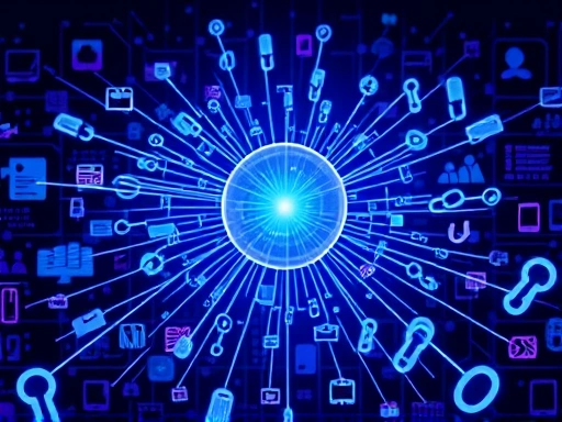 다양한 크기의 웹 링크 아이콘들이 얽히고설켜 거대한 네트워크를 형성하고 있는 모습