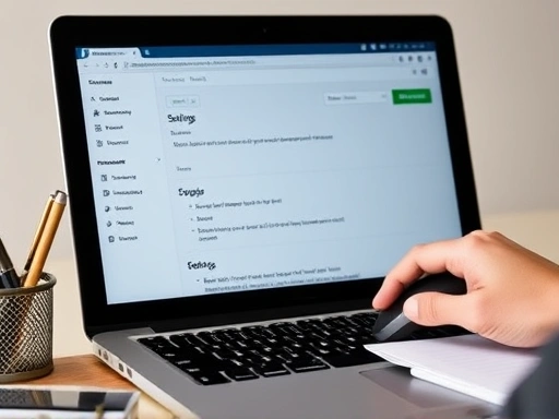 노트북 화면 클로즈업으로 워드프레스 대시보드의 '설정' 메뉴가 보이며, 그 옆에는 필기구와 메모지가 놓여 있다.