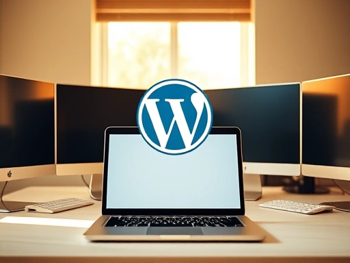 깔끔하고 정돈된 작업 공간에서 노트북이 열려 있고, 그 위에 워드프레스 로고가 선명하게 보인다.