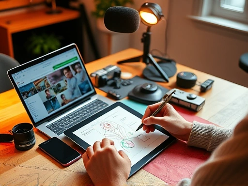 창의적인 아이디어로 가득 찬 작업 공간에서 노트북과 스마트폰, 마이크, 카메라가 혼합된 테이블 위에 놓여 있는 모습