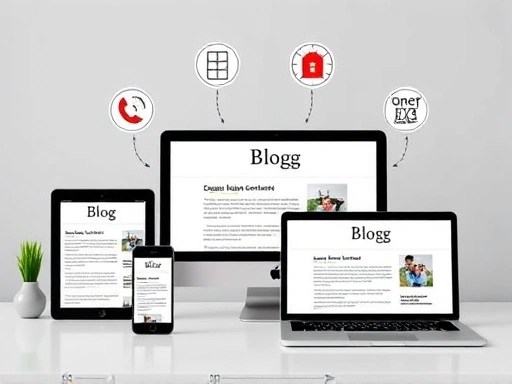 스마트폰, 태블릿, 노트북 등 다양한 기기에서 블로그 콘텐츠가 완벽하게 구현되는 반응형 웹 디자인을 보여주는 장면