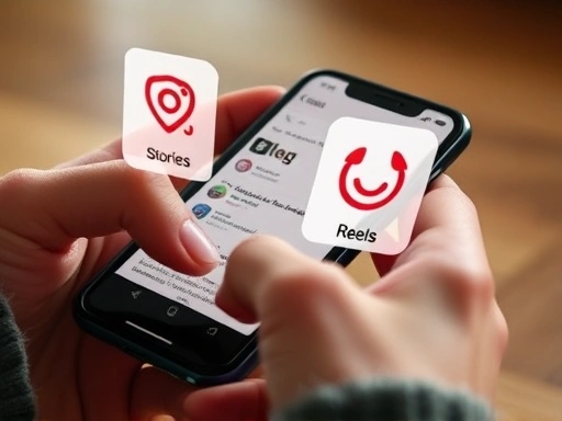 스마트폰 화면에 블로그 콘텐츠가 표시되고, 그 위로 인스타그램의 스토리와 릴스 아이콘이 겹쳐져 움직이는 모습