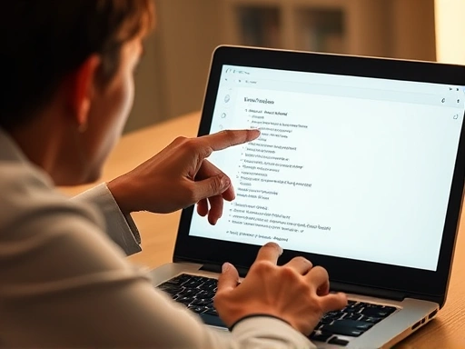 클로즈업 샷으로, 한 인물이 손가락으로 노트북 화면을 가리키며 다른 인물에게 무언가를 설명하고 있는 모습