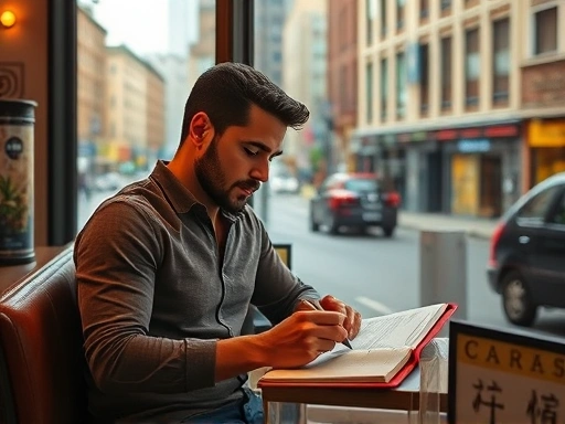 한 남성이 카페 창가에 앉아 커피를 마시며 수첩에 무언가를 열심히 기록하고 있는 모습