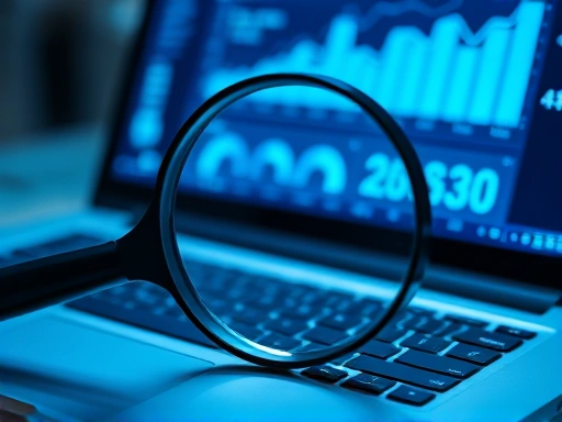 돋보기가 놓인 노트북 키보드 클로즈업 샷.