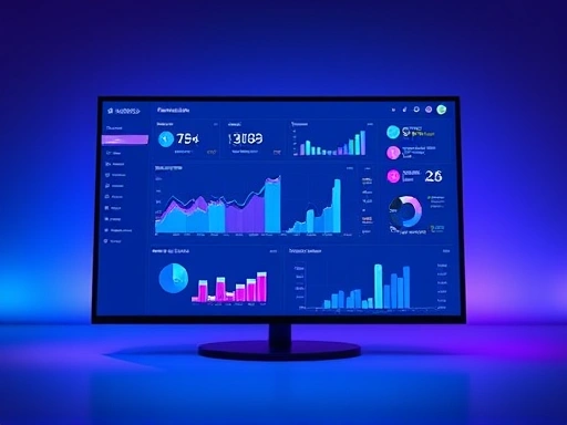푸른색과 보라색 톤의 깔끔한 디자인의 대시보드 화면이 중심에 배치되어 있으며, 다양한 차트와 그래프가 표시되어 있어 데이터 분석과 성과 지표를 시각적으로 보여줍니다.