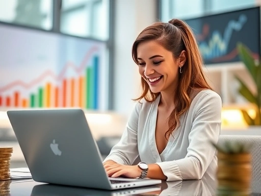 밝고 현대적인 서재 공간에서 한 여성이 노트북으로 글을 작성하며 활짝 웃고 있다.