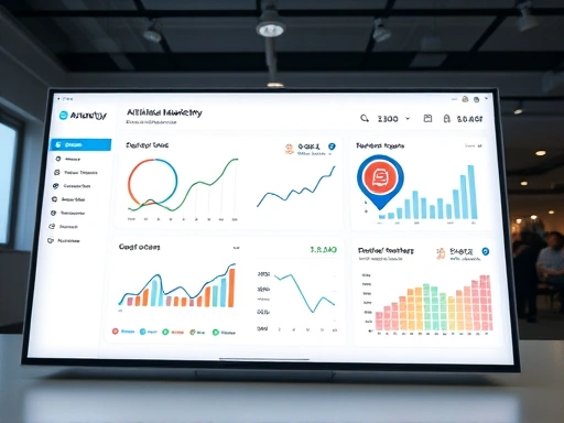 다양한 제휴 마케팅 플랫폼의 로고와 아이콘이 시각적으로 배열된 차트와 그래프가 있는 분석적인 대시보드 화면.