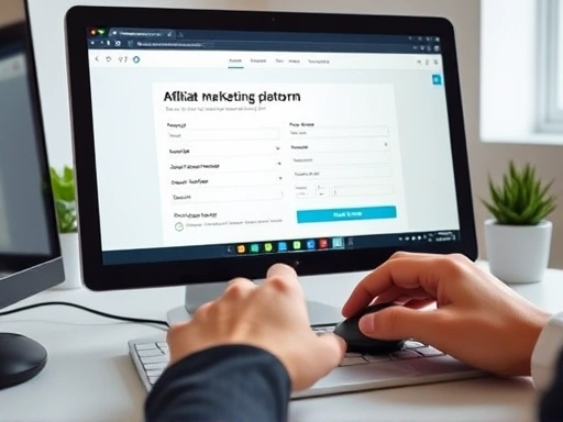 컴퓨터 화면에서 제휴 마케팅 플랫폼의 가입 및 캠페인 선택 과정을 보여주는 클로즈업 샷.