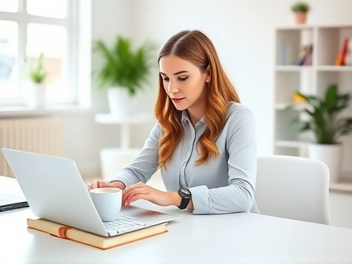 밝고 현대적인 사무실 공간에서 블로그 글을 작성하고 있는 콘텐츠 크리에이터의 모습