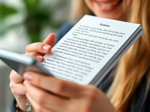 두 손으로 스마트폰을 들고 웹 페이지를 스크롤하며 콘텐츠 내의 자연스러운 제휴 링크를 발견하고 만족스러운 표정을 짓는 독자의 클로즈업.