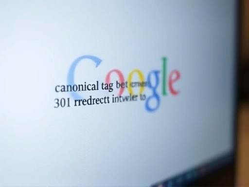 컴퓨터 화면에 캐노니컬 태그, 301 리디렉션 코드 스니펫이 선명하게 보이는 클로즈업.