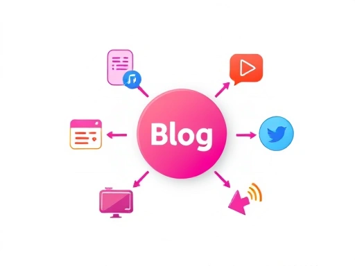 다양한 콘텐츠 형식(블로그, 비디오, 오디오, 소셜 미디어) 아이콘들이 중앙의 블로그 아이콘 주변에 원형으로 배치되어 있어, 콘텐츠가 여러 형태로 변환되고 확산되는 모습