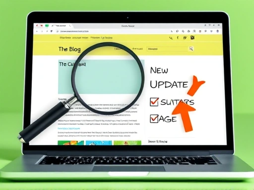 오래된 블로그 페이지에서 새로운, 최신 정보를 담은 페이지로 전환되는 과정을 돋보기와 체크리스트, 업데이트 화살표가 있는 노트북 화면으로 클로즈업하여 보여줍니다.