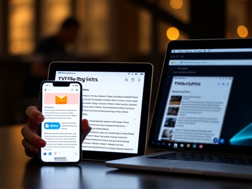 블로그 포스트가 스마트폰, 태블릿, 노트북 등 다양한 기기 화면에 동시에 펼쳐져 있고, 각 화면에서 '좋아요'나 '공유' 아이콘이 빛나는 클로즈업 이미지