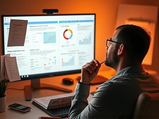 다양한 문서와 그래프가 펼쳐진 컴퓨터 화면 앞에서 한 남성이 깊은 생각에 잠겨있다.