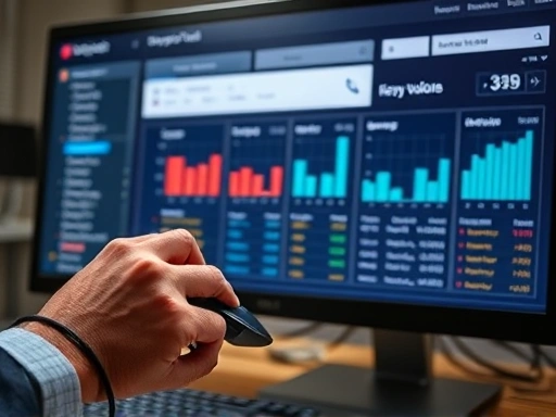 손에 마우스를 든 전문가가 모니터 화면에 키워드 검색량 그래프와 다양한 분석 지표가 표시된 키워드 도구를 진지하게 들여다보고 있는 모습