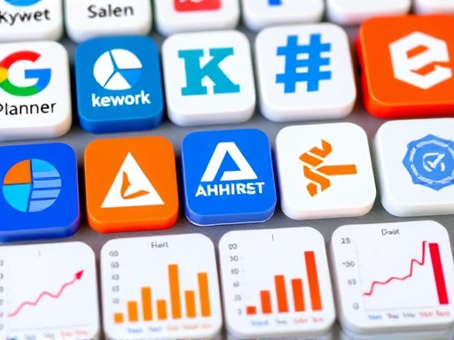 다양한 종류의 키워드 도구 아이콘(구글 키워드 플래너, 네이버 데이터랩, Ahrefs, SEMrush 등)이 깔끔하게 정렬되어 있으며, 그 아래에는 검색량, 경쟁도, 트렌드 등 핵심 분석 지표를 나타내는 작은 차트들이 시각적으로 표현되어 있다.