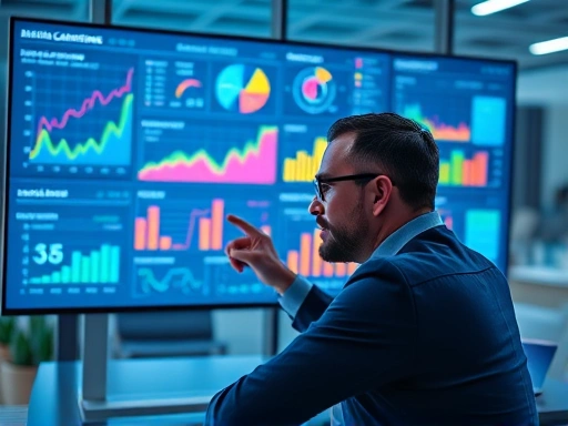 다채로운 데이터 그래프와 차트가 펼쳐진 디지털 분석 대시보드 앞에 앉아 있는 전문가의 모습