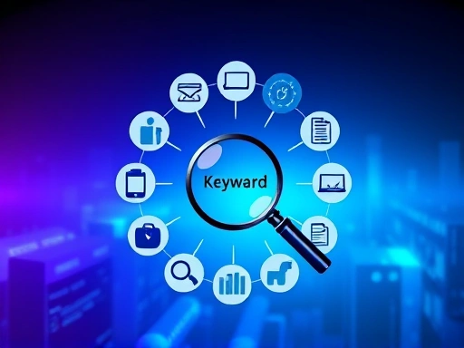 다양한 종류의 키워드 리서치 도구 아이콘들이 원형으로 배열되어 있고, 중앙에는 돋보기가 놓여진 추상적인 이미지