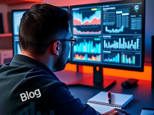 다양한 그래프와 차트로 가득 찬 컴퓨터 모니터를 응시하며 심각하게 분석하는 사람의 모습