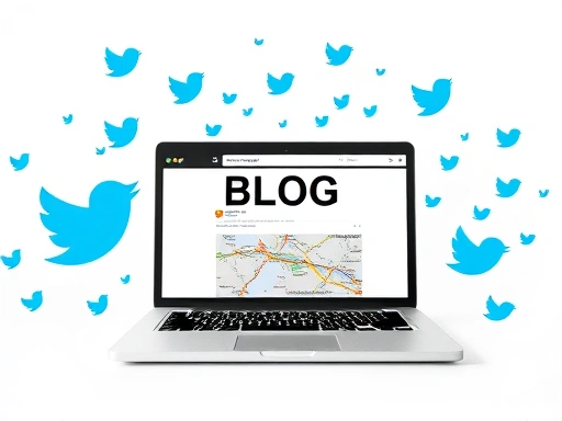 밝고 현대적인 스타일로, 노트북 화면에 열린 블로그 콘텐츠가 보이고, 그 주변에 트위터(X) 로고와 아이콘이 디지털 파동처럼 퍼져나가는 모습
