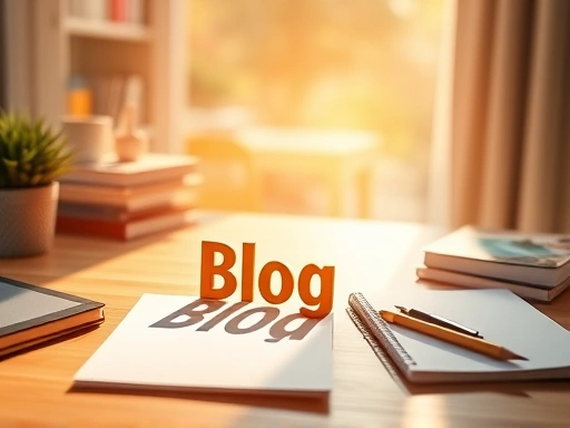 블로그 아이콘과 연필, 노트북이 함께 놓여있는 밝고 따뜻한 분위기