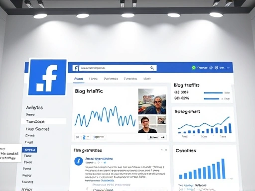 페이스북 비즈니스 페이지의 깔끔하고 현대적인 인터페이스가 화면에 표시되며, 블로그 트래픽 및 참여도와 같은 핵심 분석 지표들이 그래프와 수치로 시각화되어 있습니다.