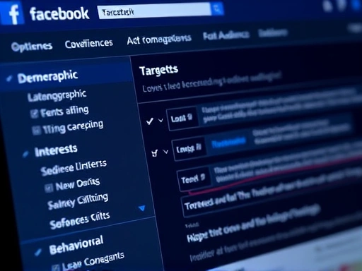 페이스북 광고 관리자 화면의 클로즈업 샷으로, 정교한 타겟팅 옵션들이 명확하게 보입니다.