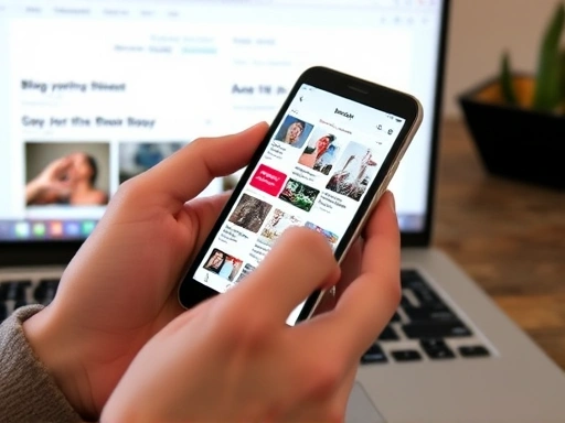 핀터레스트 앱이 열린 스마트폰을 한 손에 들고 다른 손으로 화면을 스크롤하는 사람의 클로즈업.