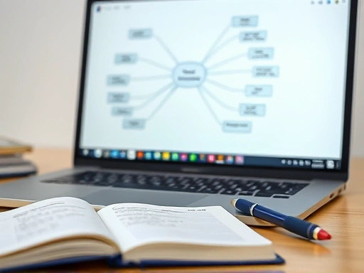 개념들을 시각적으로 연결하는 마인드맵이 그려진 노트북 화면과 그 옆에 펼쳐진 학습 노트, 그리고 펜.
