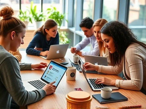 다양한 국적의 사람들이 노트북과 스마트폰으로 블로그 화면을 보고 있는 모습