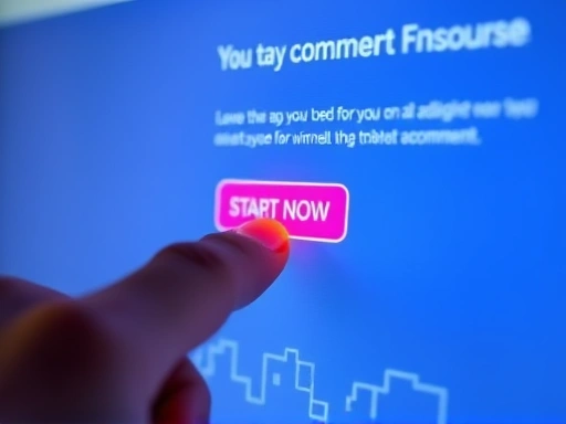 컴퓨터 화면 속에서 사람의 손가락이 '지금 바로 시작하기' 또는 '댓글 남기기'와 같은 문구가 적힌 버튼을 클릭하려는 순간을 클로즈업한 모습