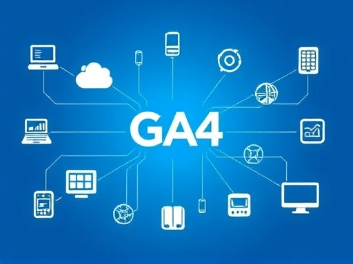 다양한 기기 아이콘들이 데이터 흐름을 표현하며, 중앙에 GA4 로고가 배치되어 데이터 통합 분석의 중요성을 시각적으로 나타냅니다.
