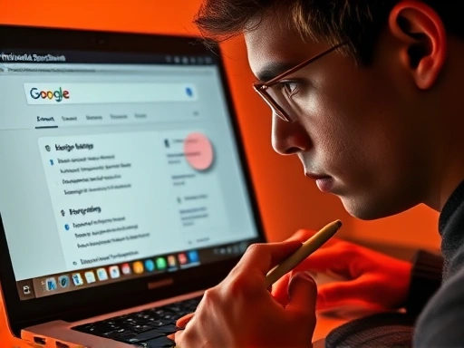 콘텐츠 작성자가 노트북 화면을 집중해서 바라보는 클로즈업.