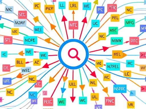 다채로운 블록과 화살표로 이루어진 복잡한 네트워크 구조가 웹 URL의 흐름을 상징적으로 표현합니다.