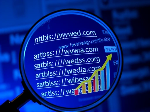 정교한 돋보기가 웹 URL 구조의 핵심 요소를 클로즈업하여 보여줍니다.