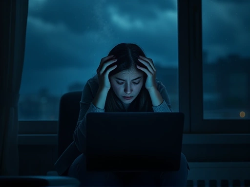 한 여성이 노트북 앞에 앉아 고뇌에 잠긴 모습
