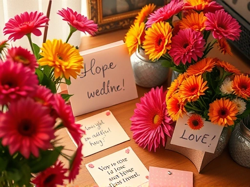 밝은 색상의 꽃과 긍정적인 문구가 적힌 메모가 놓인 책상.