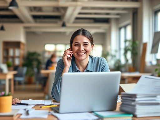 탁 트인 사무실 공간을 배경으로, 한 여성이 노트북 앞에서 미소를 지으며 통화하고 있습니다.